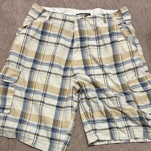 Street Rules Men's Cargo Shorts - Beige and Blue Plaid